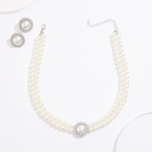 Rhinestone Rim Pearl Button Necklace Set