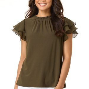 Ruffle Neck Pleated Sleeve Top