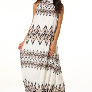 Tie Neck Pleated Chevron Maxi Dress