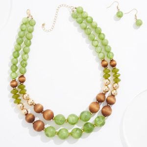 Green Bead Wood Detail Necklace Set