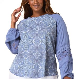 Plus Size Blue Paisley Lace Ruffle Top