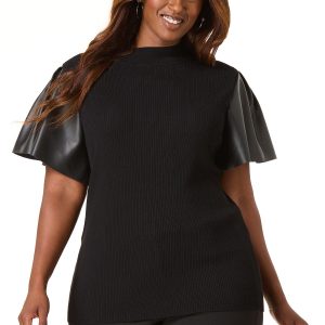 Plus Size Faux Leather Sleeve Sweater