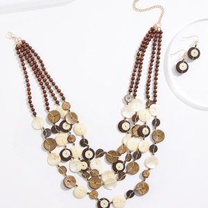 Layered Wood Disc Short Necklace Set