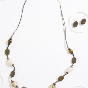 Olive Green Wood Thread Long Necklace Set