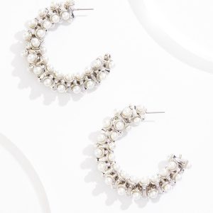 Pearl Embellished Silver Hoop Earrings