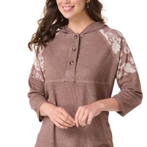 Print Inset Henley Hooded Top