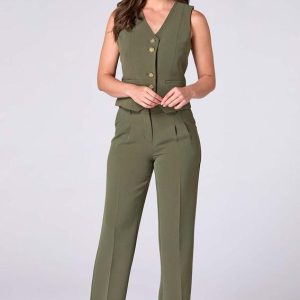 Olive Textured Crepe Wide Leg Pants