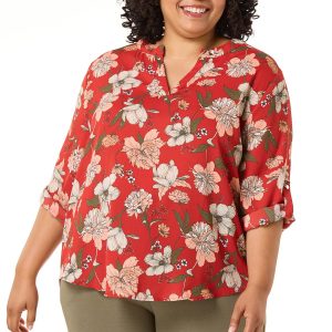 Plus Size Red Floral High- Low Top