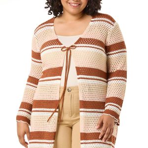 Plus Size Open Stitch Stripe Tie Cardi