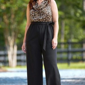 Plus Size Leopard Draped Neck Jumpsuit