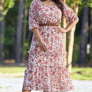 Plus Size Tiered Autumn Floral Maxi Dress
