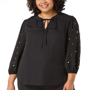 Plus Size Pearl Sleeve Tie Neck Top