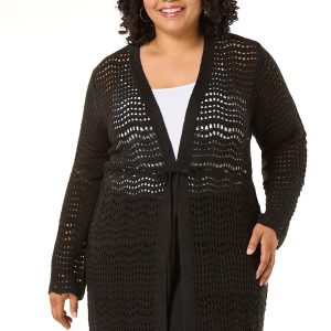 Plus Size Open Stitch Tie Front Cardigan