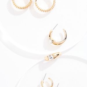 Textured Bezel Gold Hoop Earrings Set