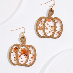 Wood Outline Glitter Pumpkin Earrings