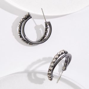 Hematite Rhinestone Overlap Hoop Earrings