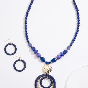 Blue Lucite Raffia Pendant Necklace Set