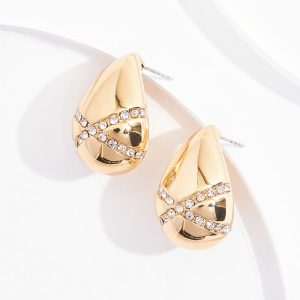 Gold Curved Tear Pave Earrings