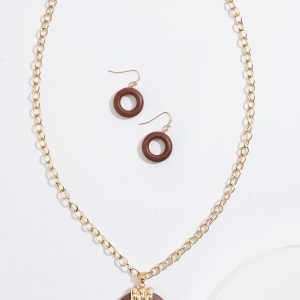 Wood Ring Pendant Gold Necklace Set