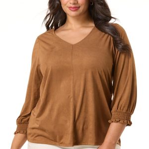 Plus Size Suede Smocked Sleeve Top