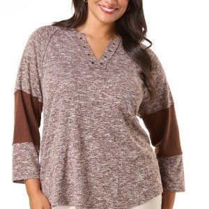 Plus Size Waffled Panel Sleeve Hooded Top