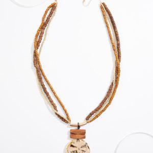 Statement Wood Metal Ring Pendant Necklace