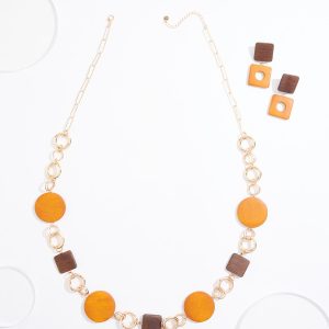 Wood Metal Link Long Necklace Set