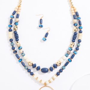 Blue Wood Ring Pendant Necklace Set