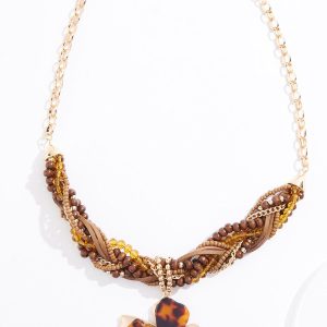 Wood Braid Animal Lucite Flower Necklace