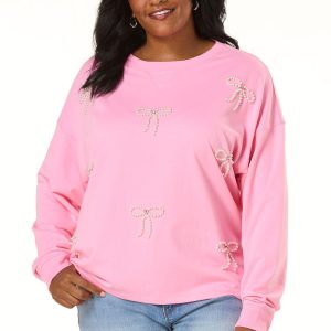 Plus Size Pearl Bow Embellished Sweatshirt