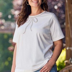Plus Size Rhinestone Bow Knit Top