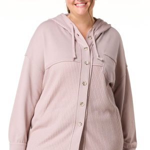 Plus Size Mixed Fabric Hooded Shacket