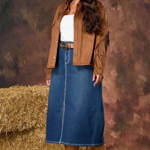 Plus Size Rhinestone Back Pocket Denim Skirt