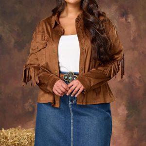 Plus Size Faux Suede Fringe Jacket