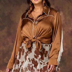 Plus Size Silky Fringe Trim Shirt