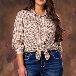 Plus Size Plaid Coffee Cream Check Shirt