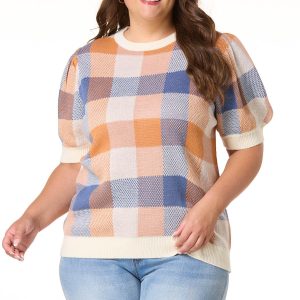 Plus Size Plaid Puff Sleeve Sweater