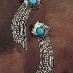 Turquoise Stone Metal Tassel Earrings