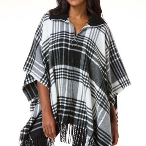 Zip Front Plaid Poncho
