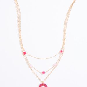 Pink Beaded Ribbon Pendant Necklace