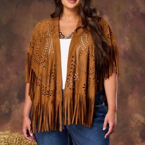 Faux Suede Laser Cut Fringe Poncho