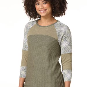 Green Plaid Panel Baseball Top