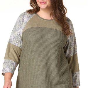 Plus Size Green Plaid Panel Baseball Top