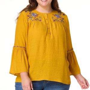 Plus Size Embroidered Bell Sleeve Poet Top