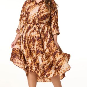 Plus Size Animal Print High- Low Shirt Dress