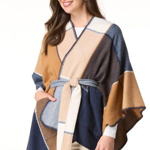 Plaid Tie Front Pocket Poncho